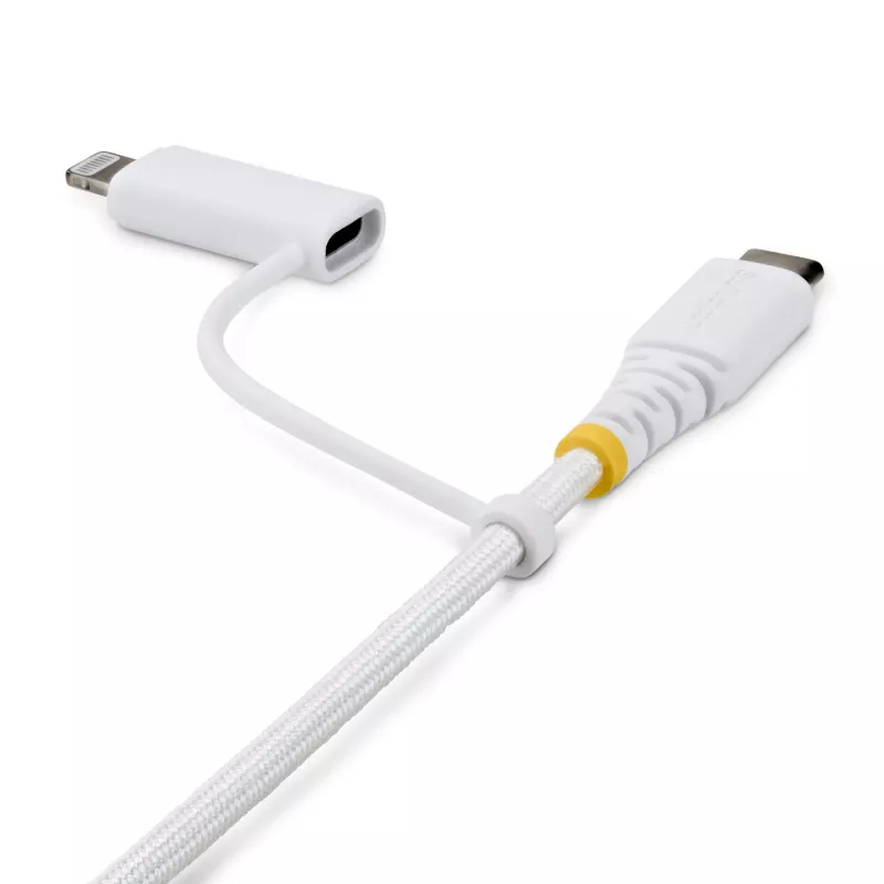 StarTech.com 1m (3ft) 2-in-1 Rugged USB-C Charging Cable with Lightning Adapter, 30W/60W (3A), Apple MFi Certified, Braided USB C Charger Cord for iPhone/iPad/Android