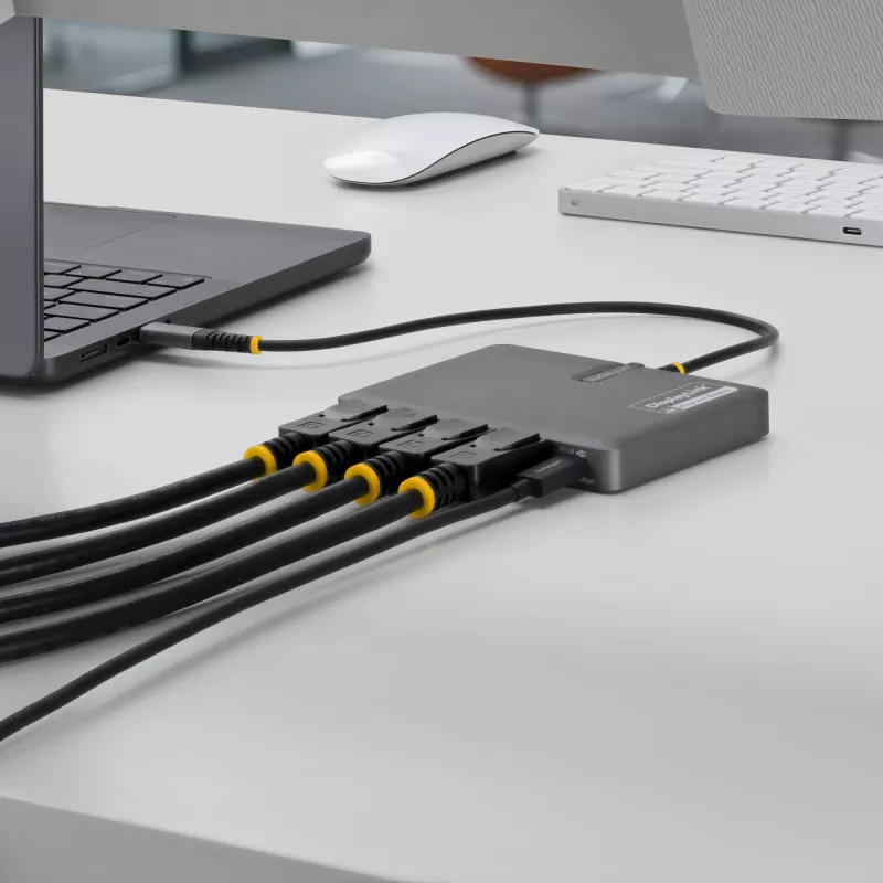 StarTech.com USB-C to Quad-Monitor Workstation Adapter, 4K 60Hz DisplayPort, 140W PD Passthrough for Laptop Charging, USB Port for Wireless Keyboard / Mouse, TAA