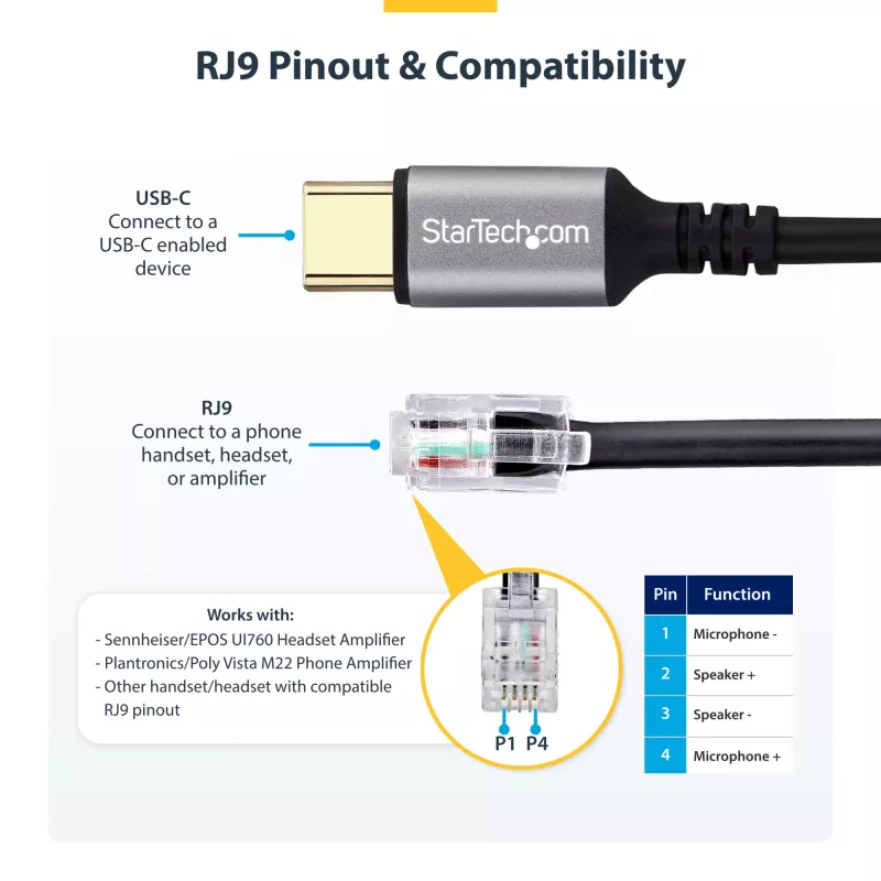 StarTech.com UR9-HEADSET-ADAPTER cable gender changer USB-C RJ-9 Black