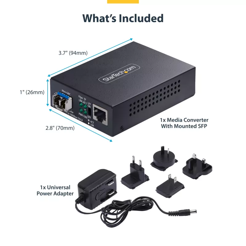 StarTech.com Gigabit Ethernet Copper-to-Fiber Media Converter, SM LC, 20km, 10/100/1000 Mbps, RJ45 to LC, Full Metal, 9K Jumbo Frames, TAA Compliant