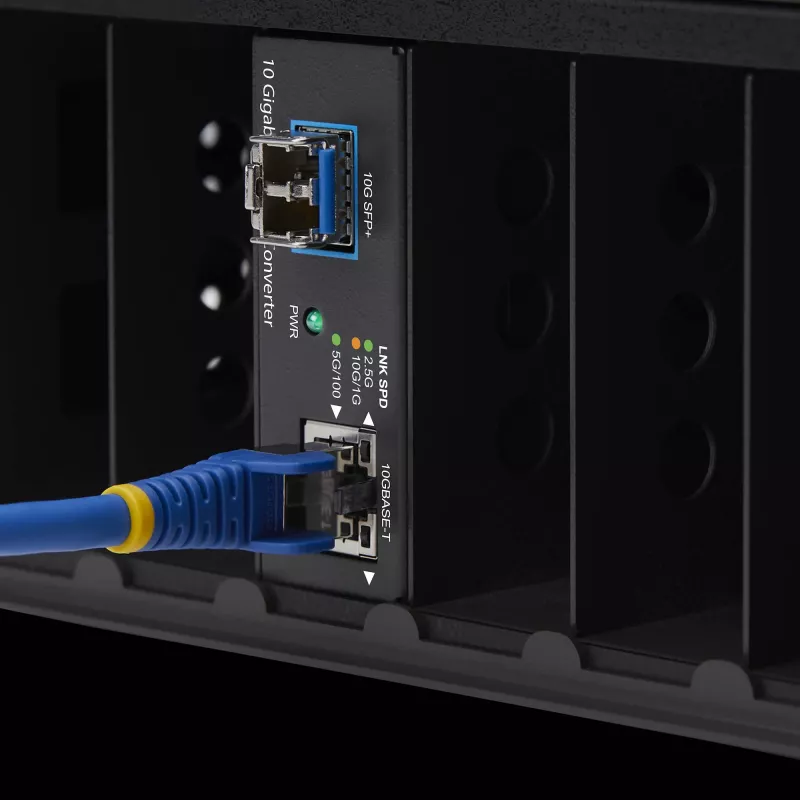 StarTech.com 10GbE Multi-Gigabit Open SFP+ Fiber Media Converter, 10G/5G/2.5G/1G/100M, Copper to 10GBASE-X SFP+, Single-Mode, Multi-Mode, 16K Jumbo Frames, TAA