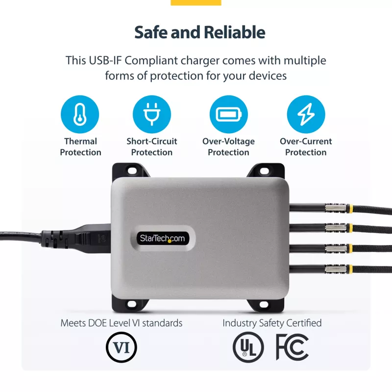 StarTech.com 4-Port Multi-Device USB-C Charger, 240W Total, Single Port 140W EPR, PD 3.1, Screw Locking Ports, Boardrooms, Bracket incl. for Surface Mounting
