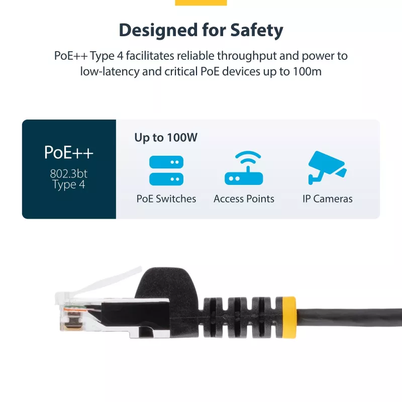StarTech.com 25cm Black Slim CAT6 Ethernet Cable, Snagless, 100W PoE, UTP, LSZH, 28AWG Pure Bare Copper Wire, Slim RJ45 Network Patch Cord w/Strain Reliefs, Individually Tested