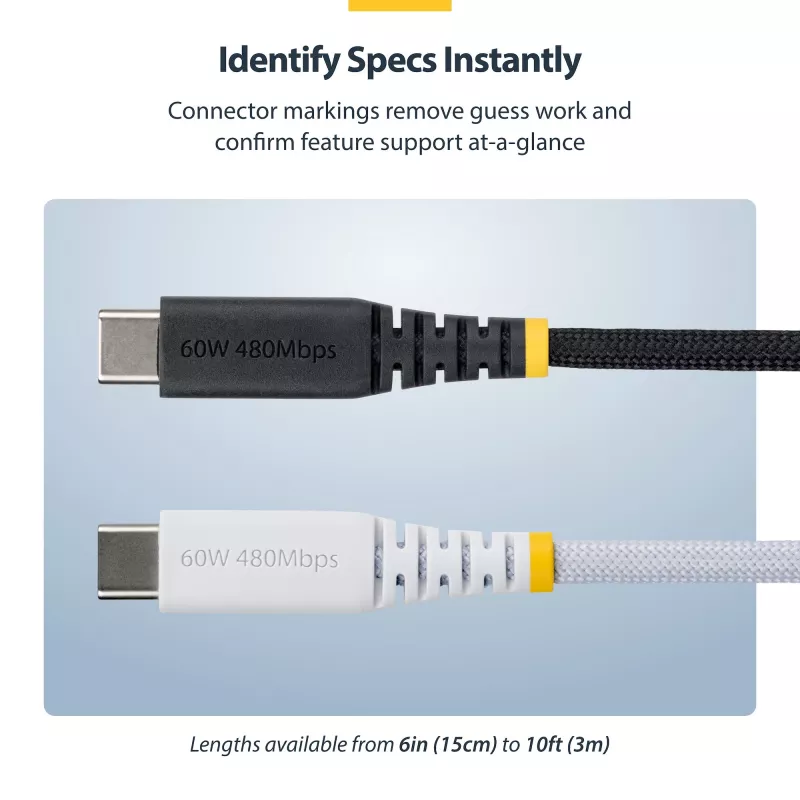 StarTech.com 1m (3ft) USB-C Charging Cable, 60W (3A) PD, Dual-Layer Braided Nylon/TPE Jacket, Rugged USB C Charging Cord, USB 2.0 Laptop Charger Cable