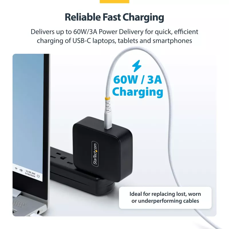 StarTech.com 1m (3ft) White USB-C Charging Cable, 60W (3A) PD, Dual-Layer Braided Nylon/TPE Jacket, Rugged USB C Charging Cord, USB 2.0 Laptop Charger Cable