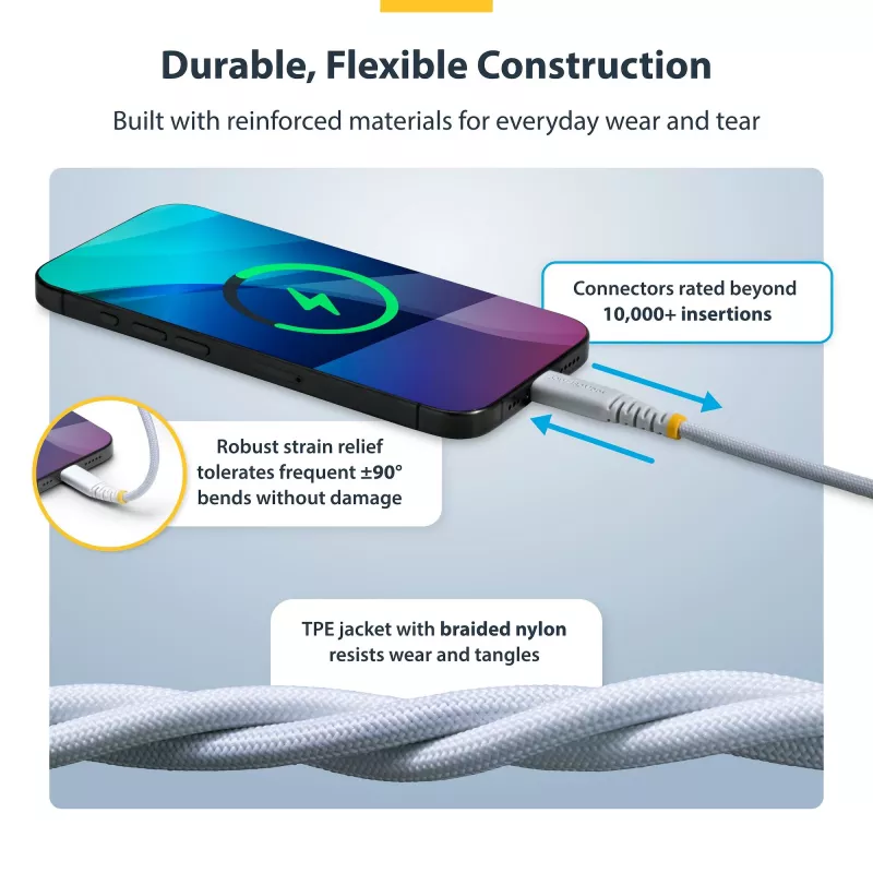 StarTech.com 2m (6ft) White USB-C Charging Cable, 60W (3A) PD, Dual-Layer Braided Nylon/TPE Jacket, Rugged USB C Charging Cord, USB 2.0 Laptop Charger Cable