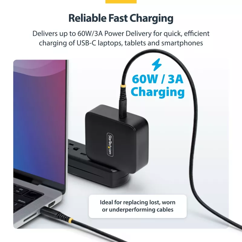 StarTech.com 3m (10ft) USB-C Charging Cable, 60W (3A) PD, Dual-Layer Braided Nylon/TPE Jacket, Rugged USB C Charging Cord, USB 2.0 Laptop Charger Cable