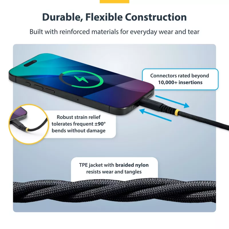 StarTech.com 30cm (1ft) USB-C Charging Cable, 60W (3A) PD, Dual-Layer Braided Nylon/TPE Jacket, Rugged USB C Charging Cord, USB 2.0 Laptop Charger Cable