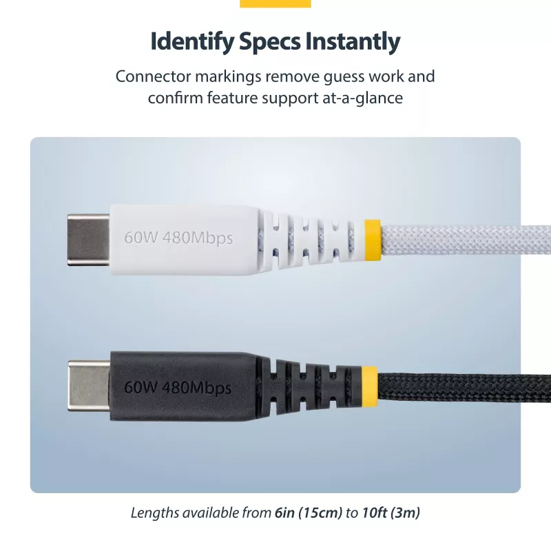 StarTech.com 30cm (1ft) White USB-C Charging Cable, 60W (3A) PD, Dual-Layer Braided Nylon/TPE Jacket, Rugged USB C Charging Cord, USB 2.0 Laptop Charger Cable