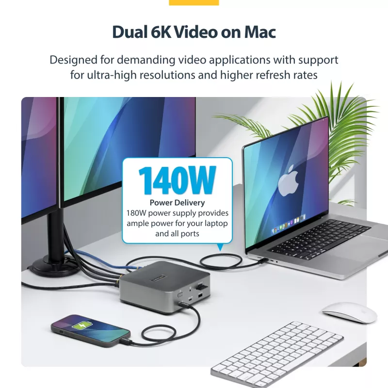 StarTech.com Thunderbolt 5 Docking Station, DP / HDMI, Triple Monitor Dock up to 4K 144Hz or Dual 8K 60Hz, 5x USB Ports, 140W Laptop Charging