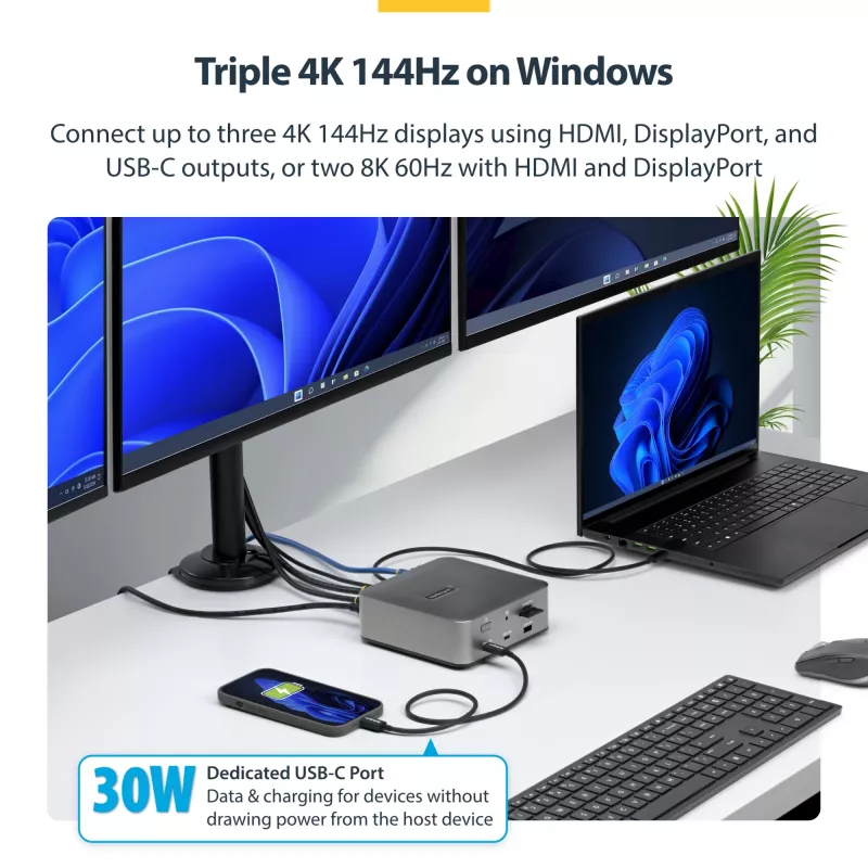 StarTech.com Thunderbolt 5 Docking Station, DP / HDMI, Triple Monitor Dock up to 4K 144Hz or Dual 8K 60Hz, 5x USB Ports, 140W Laptop Charging