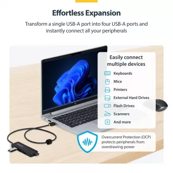 StarTech.com 4-Port USB-A Hub, 5Gbps, Bus Powered, USB-A to 4x USB-A Mini Hub, Extra Long 2ft/61cm Host Cable, PCR Plastic, Portable Desktop / Laptop USB Hub