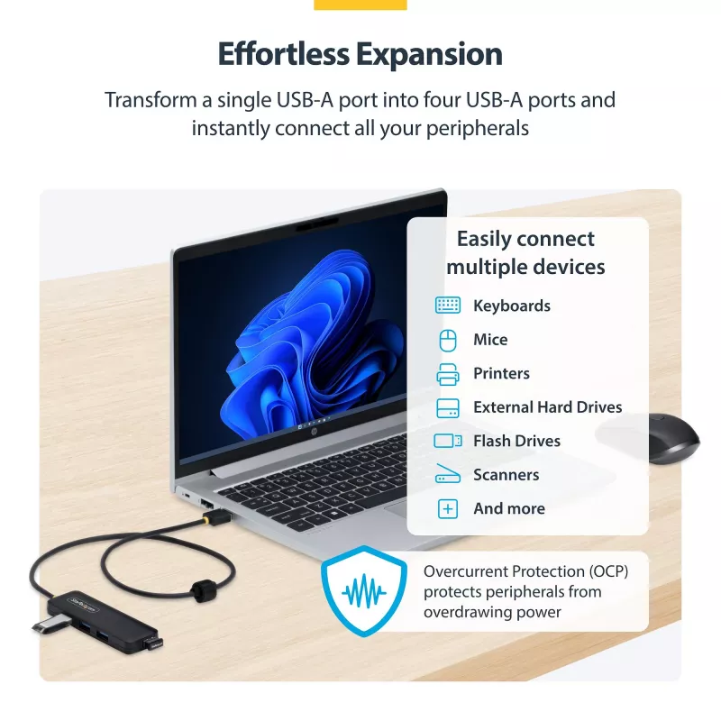 StarTech.com 4-Port USB-A Hub, 5Gbps, Bus Powered, USB-A to 4x USB-A Mini Hub, Extra Long 2ft/61cm Host Cable, PCR Plastic, Portable Desktop / Laptop USB Hub