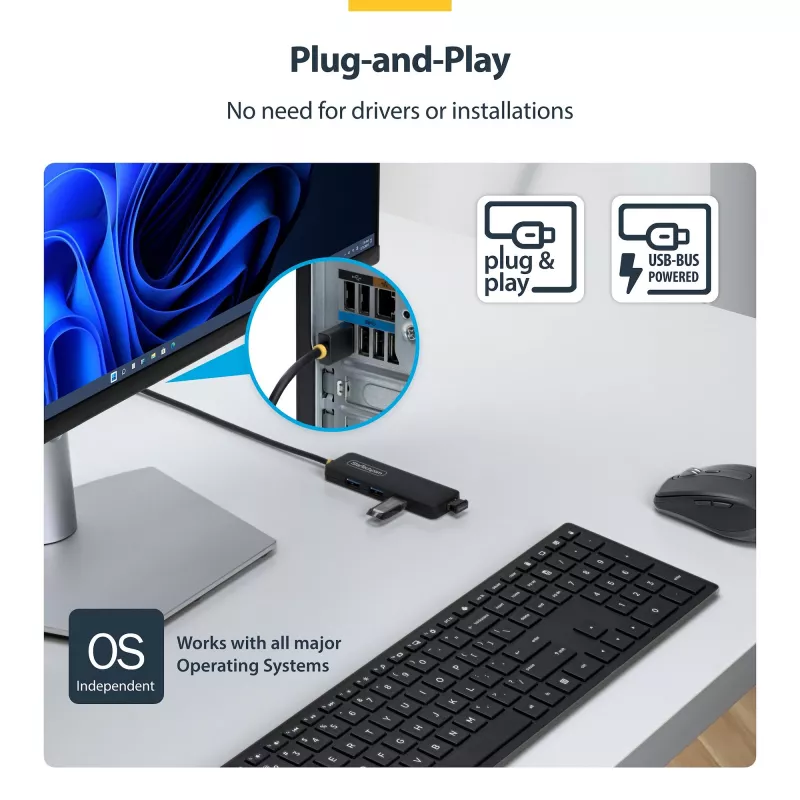 StarTech.com 4-Port USB-A Hub, 5Gbps, Bus Powered, USB-A to 4x USB-A Mini Hub, Extra Long 2ft/61cm Host Cable, PCR Plastic, Portable Desktop / Laptop USB Hub