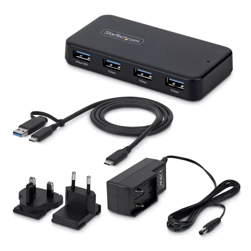 StarTech.com 4-Port USB-A Hub, 5Gbps, Self-Powered, 2-in-1 USB-C and USB-A Host Cable, 1x BC 1.2 Charging Port, 24W Power Adapter Included, MacBook and Windows