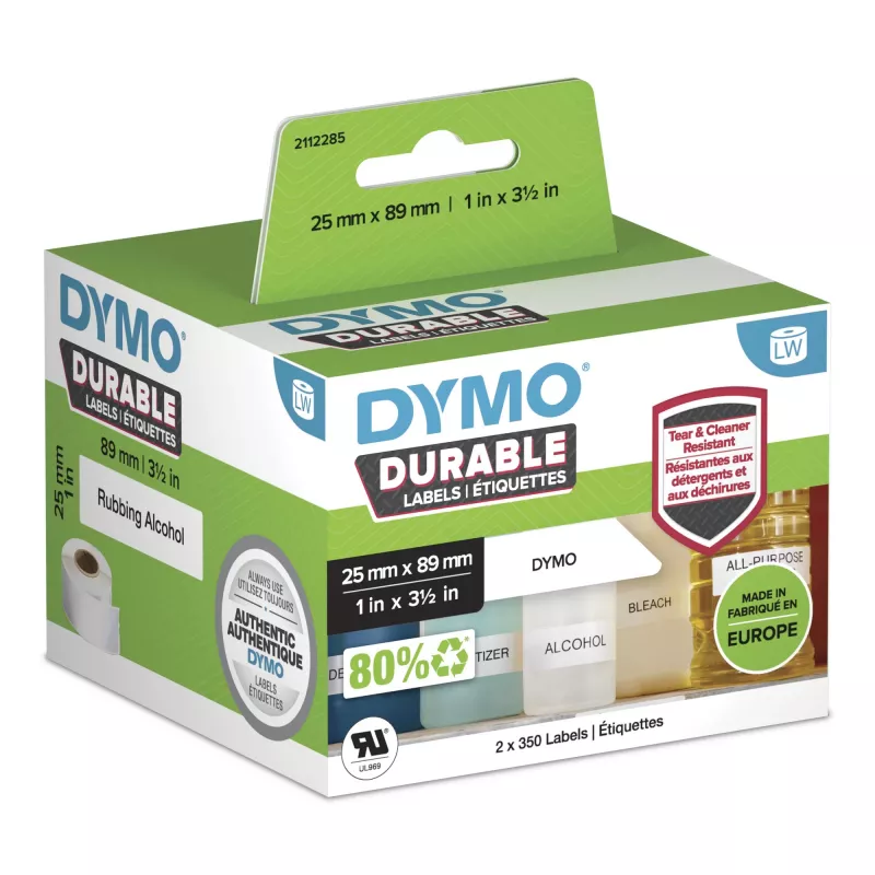 DYMO Original LabelWriter Durable Labels | 25mm x 89mm | White Poly | 2 Rolls of 350 (700 Self-Adhesive Labels) | High-Performance | For LabelWriter Label Makers