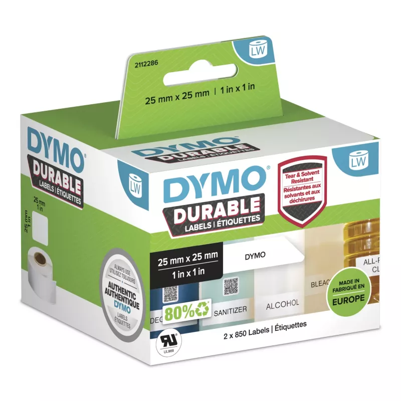 DYMO Original LabelWriter Durable Labels | 25mm x 25mm | White Poly | 2 Rolls of 850 (1,700 Self-Adhesive Labels) | High-Performance | For LabelWriter Label Makers