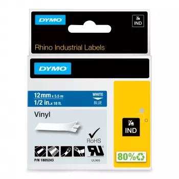 DYMO Rhino Industrial Vinyl Labels | 12 mm x 5.5m | White Print on Blue | Self-Adhesive | for LabelManager & Rhino Label Makers