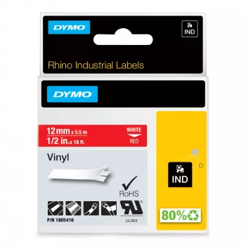 DYMO Rhino Industrial Vinyl Labels | 12 mm x 5.5 m | White Print on Red | Self-Adhesive | for LabelManager & Rhino Label Makers