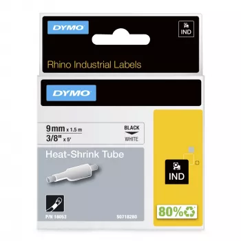 DYMO Rhino Industrial Heat-Shrink Cable Label Tubes | 9 mm x 1.5 m | Black Print on White | for Rhino Label Makers