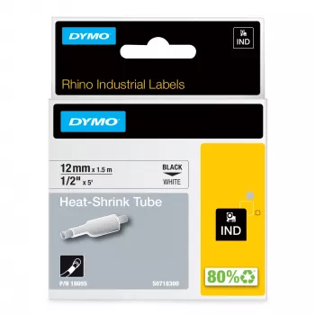 DYMO Rhino Industrial Heat-Shrink Cable Label Tubes | 12mm x 1.5m | Black Print on White | for Rhino Label Makers