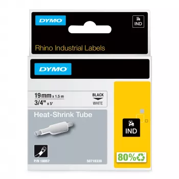 DYMO Rhino Industrial Heat-Shrink Cable Label Tubes | 19 mm x 1.5 m | Black Print on White | Self-Adhesive | for Rhino Label Makers