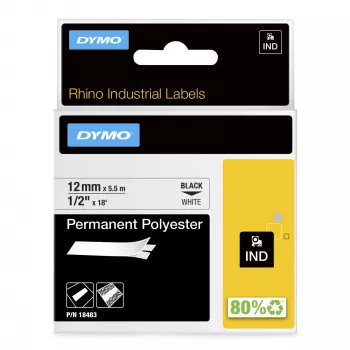 DYMO Rhino Industrial Permanent Polyester Labels | 12 mm x 5.5 m | Black Print on White | Self-Adhesive | for Rhino & LabelManager Label Makers