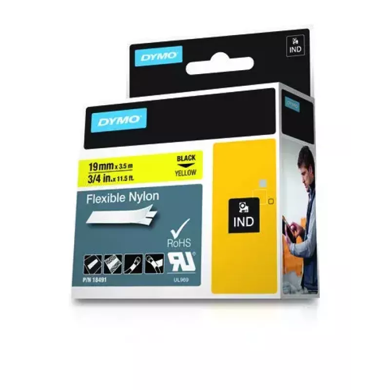 DYMO Rhino Industrial Flexible Nylon Labels | 19 mm x 3.5 m | Black Print on Yellow | Self-Adhesive | for Rhino & LabelManager Label Makers