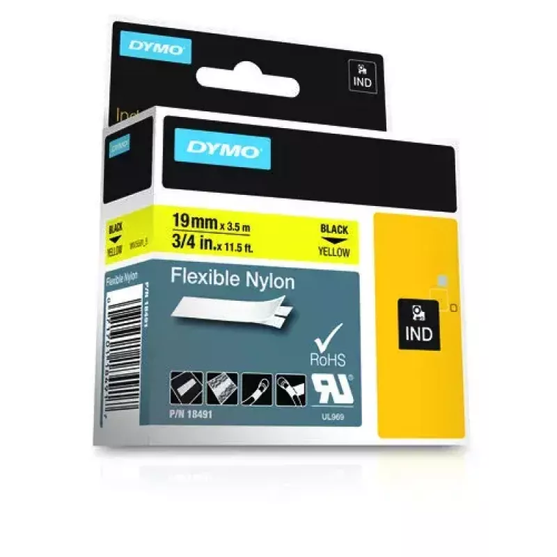 DYMO Rhino Industrial Flexible Nylon Labels | 19 mm x 3.5 m | Black Print on Yellow | Self-Adhesive | for Rhino & LabelManager Label Makers