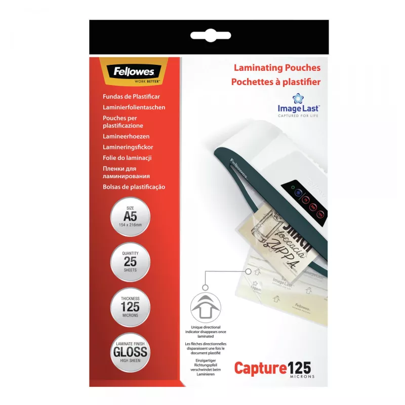 Fellowes ImageLast A5 125 Micron Laminating Pouch - 25 pack, Glossy, Transparent, A5, 0.125 mm, 218 mm, 1 mm