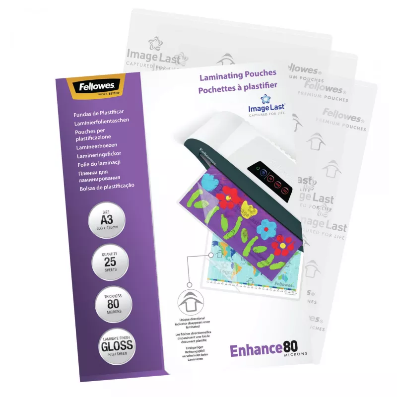 Fellowes ImageLast A3 80 Micron Laminating Pouch - 25 pack, Glossy, Transparent, A3, 0.08 mm, 430 mm, 1 mm