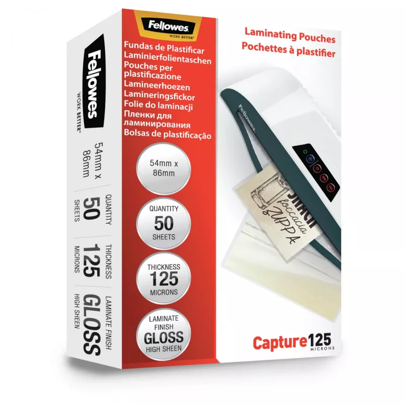 Fellowes Glossy 125 Micron Card Laminating Pouch - 54x86mm, Glossy, Transparent, 0.125 mm, 86 mm, 1 mm, 54 mm