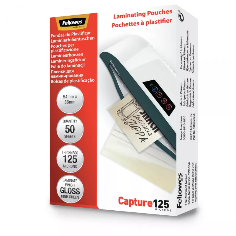 Fellowes Glossy 125 Micron Card Laminating Pouch - 54x86mm, Glossy, Transparent, 0.125 mm, 86 mm, 1 mm, 54 mm