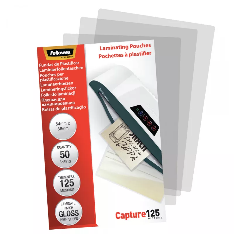 Fellowes Glossy 125 Micron Card Laminating Pouch - 54x86mm, Glossy, Transparent, 0.125 mm, 86 mm, 1 mm, 54 mm