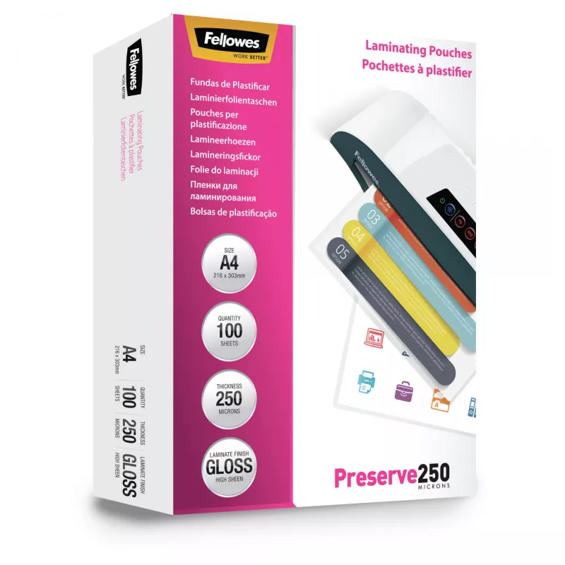 Fellowes A4 Glossy 250 Micron Laminating Pouch - 100 pack, Glossy, Transparent, A4, 0.25 mm, 210 mm, 1 mm