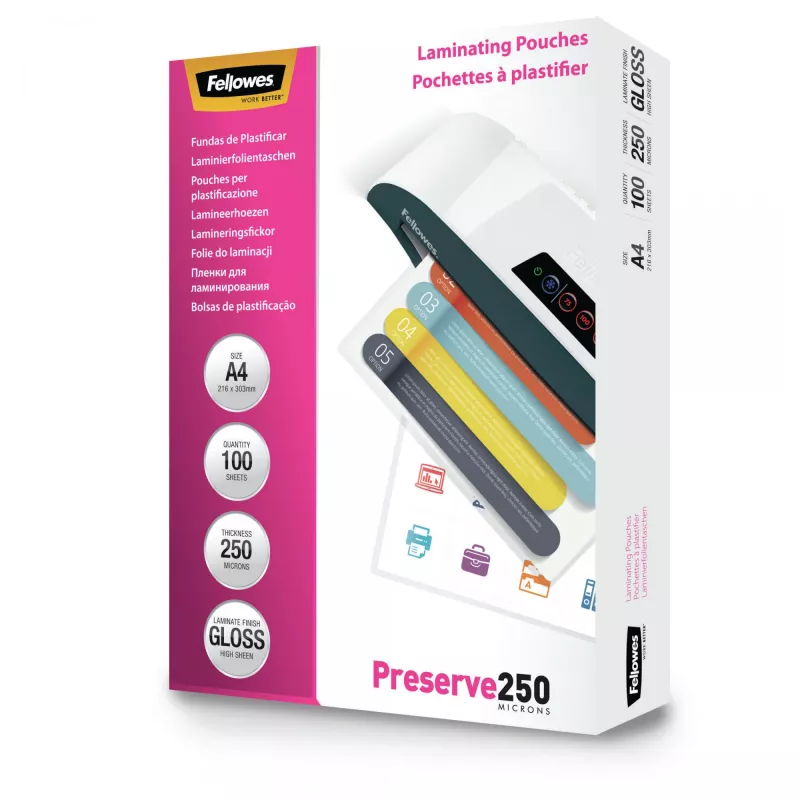 Fellowes A4 Glossy 250 Micron Laminating Pouch - 100 pack, Glossy, Transparent, A4, 0.25 mm, 210 mm, 1 mm