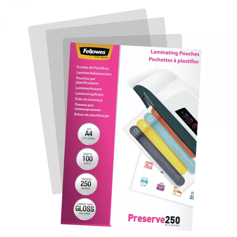Fellowes A4 Glossy 250 Micron Laminating Pouch - 100 pack, Glossy, Transparent, A4, 0.25 mm, 210 mm, 1 mm
