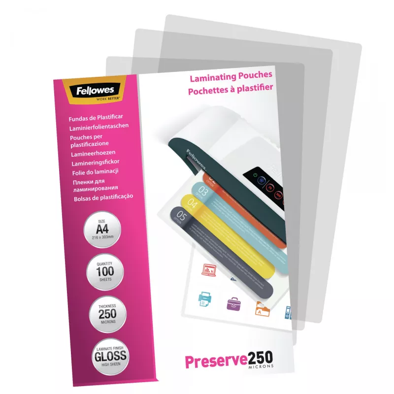 Fellowes A4 Glossy 250 Micron Laminating Pouch - 100 pack, Glossy, Transparent, A4, 0.25 mm, 210 mm, 1 mm