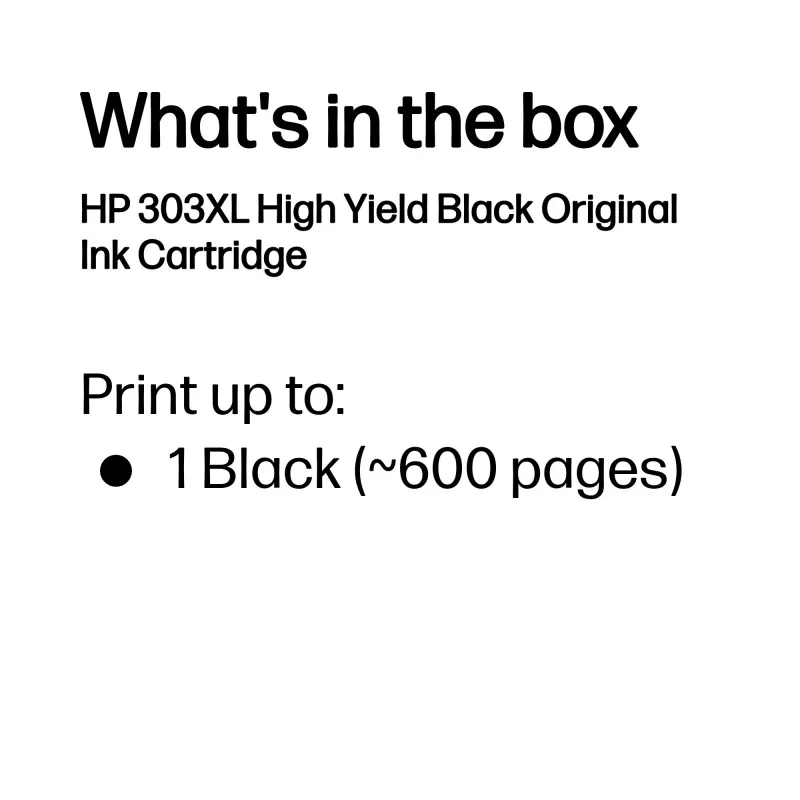 HP 303XL High Yield Black Original Ink Cartridge, High (XL) Yield, Black, Pigment-based ink, 12 ml, 1 pc(s), 600 pages