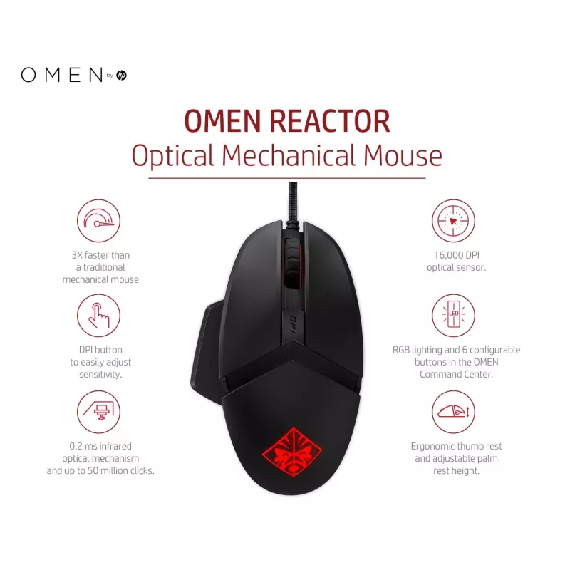 HP OMEN by Reactor Mouse, Right-hand, Optical, USB Type-A, 16000 DPI, 0.2 ms, Black