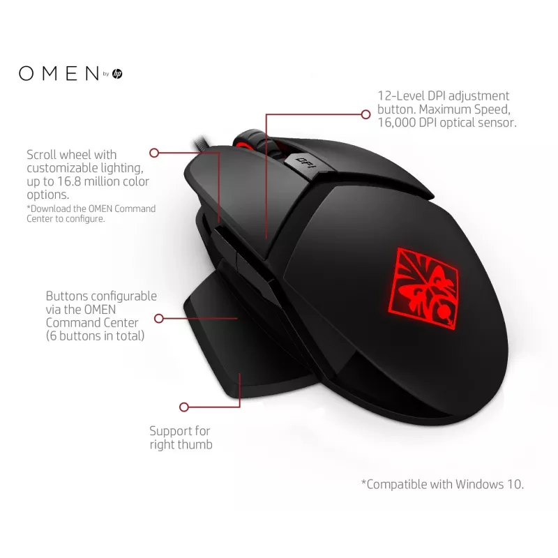 HP OMEN by Reactor Mouse, Right-hand, Optical, USB Type-A, 16000 DPI, 0.2 ms, Black