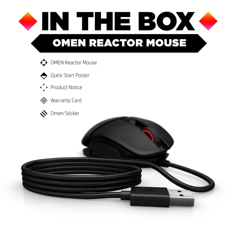 HP OMEN by Reactor Mouse, Right-hand, Optical, USB Type-A, 16000 DPI, 0.2 ms, Black