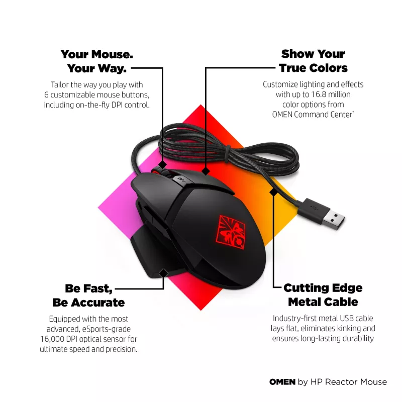 HP OMEN by Reactor Mouse, Right-hand, Optical, USB Type-A, 16000 DPI, 0.2 ms, Black