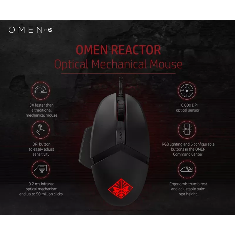 HP OMEN by Reactor Mouse, Right-hand, Optical, USB Type-A, 16000 DPI, 0.2 ms, Black