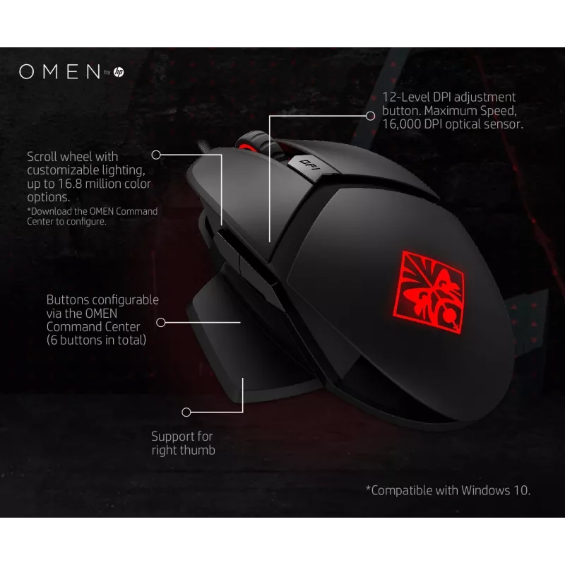 HP OMEN by Reactor Mouse, Right-hand, Optical, USB Type-A, 16000 DPI, 0.2 ms, Black