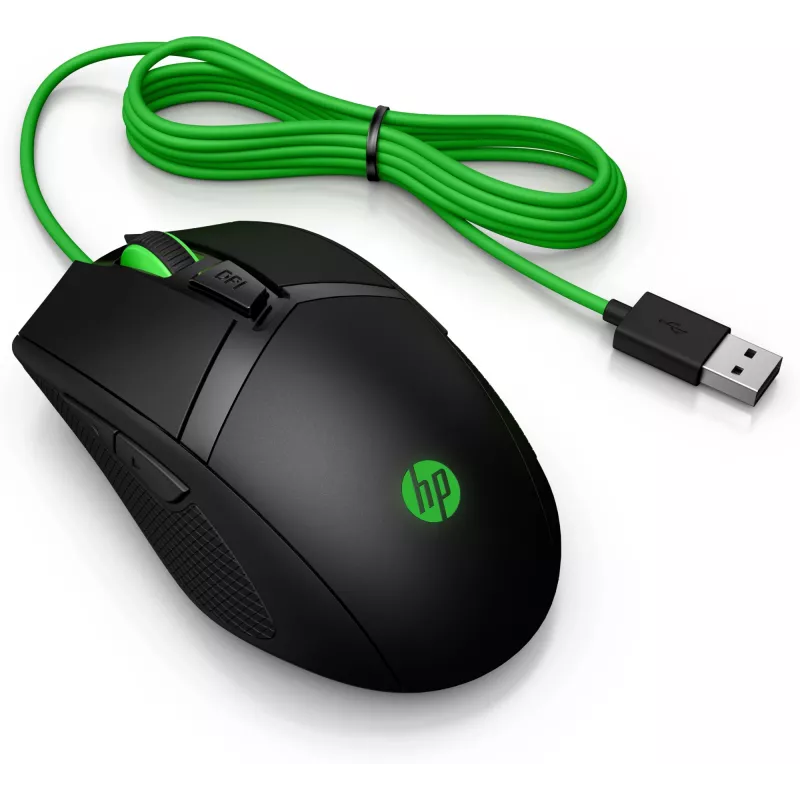 HP Pavilion Gaming Mouse 300, Ambidextrous, Optical, USB Type-A, 5000 DPI, Black, Green