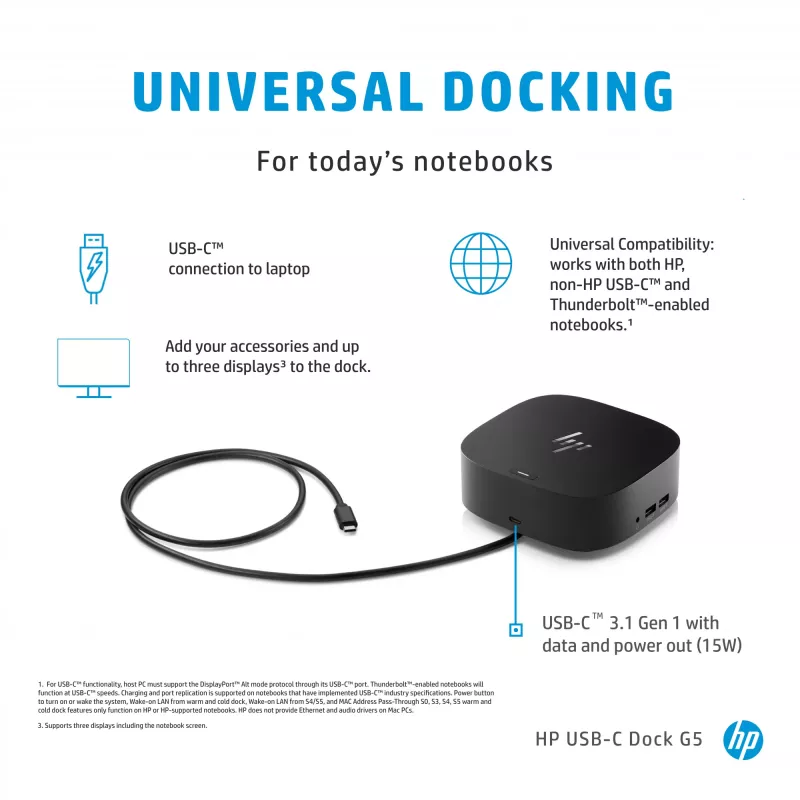 HP USB-C Dock G5, Wired, USB 3.2 Gen 1 (3.1 Gen 1) Type-C, Black, Black, China, Thailand, Mexico, HP