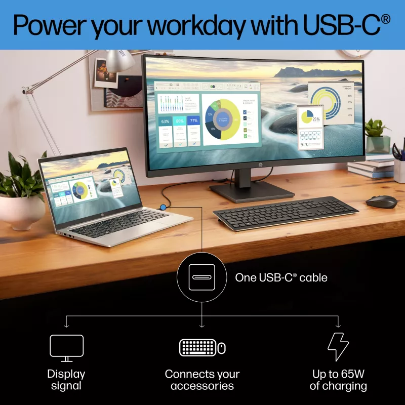 HP P34hc G4 WQHD USB-C Curved Monitor, 86.4 cm (34 inch), 3440 x 1440 pixels, Wide Quad HD, LCD, 5 ms, Black