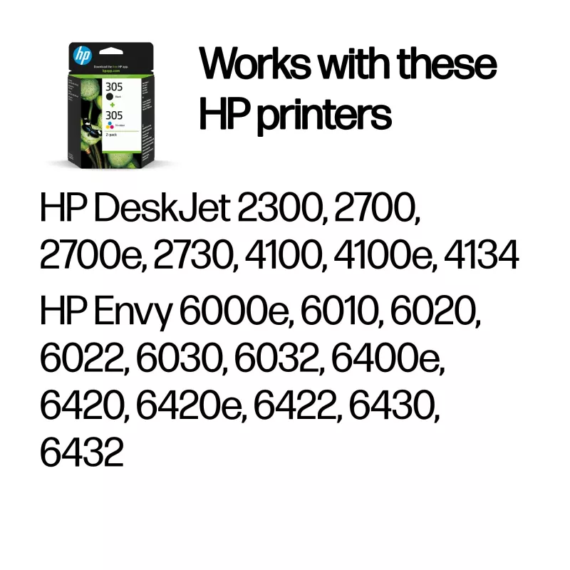 HP 305 2-Pack Tri-color/Black Original Ink Cartridge, Black, Cyan, Magenta, Yellow, Dye-based ink, Pigment-based ink, 2 pc(s), 120 pages, 100 pages