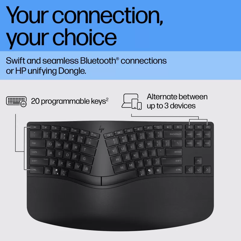 HP 965 Ergonomic Wireless Keyboard, Full-size (100%), Wireless, RF Wireless + Bluetooth, Membrane, Black